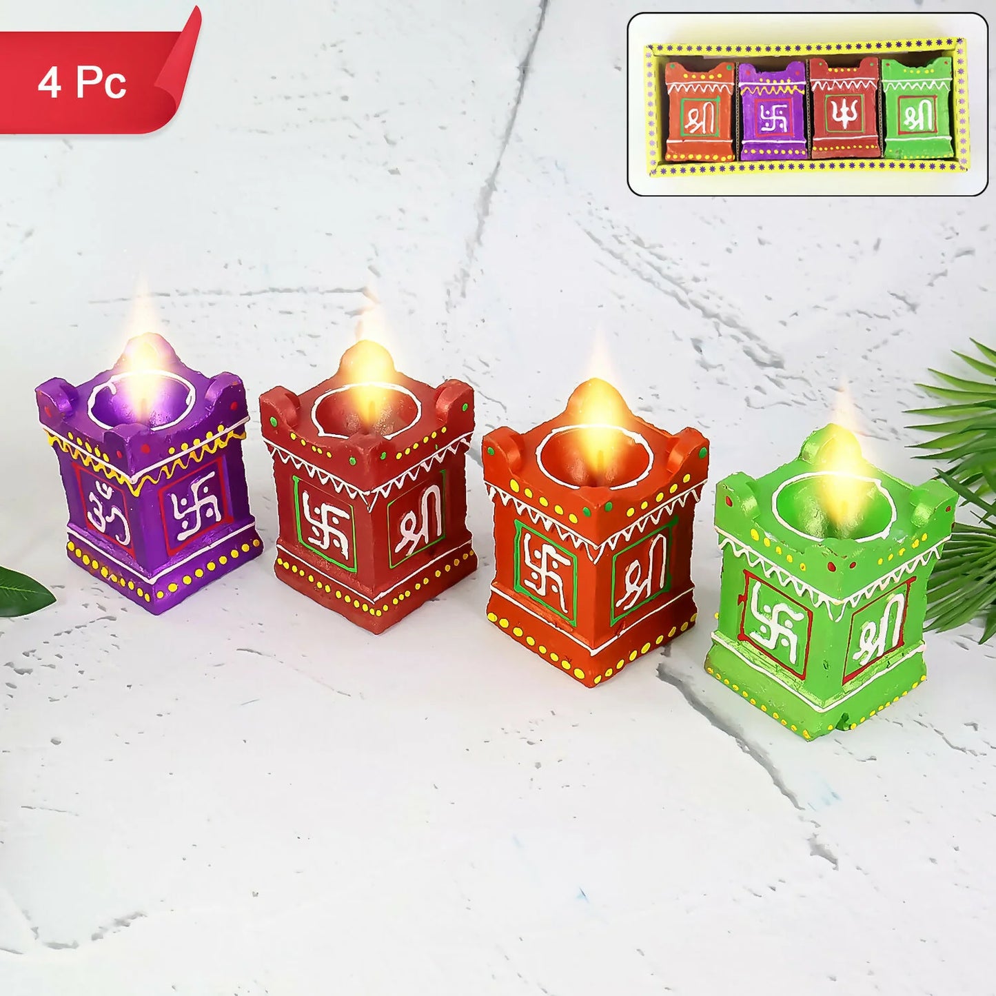 Handcrafted Tulsi Kiyaro Diya Set of 4 | Vibrant Hand-Painted Diya with Swastik & Shree Symbols for Pooja & Diwali
