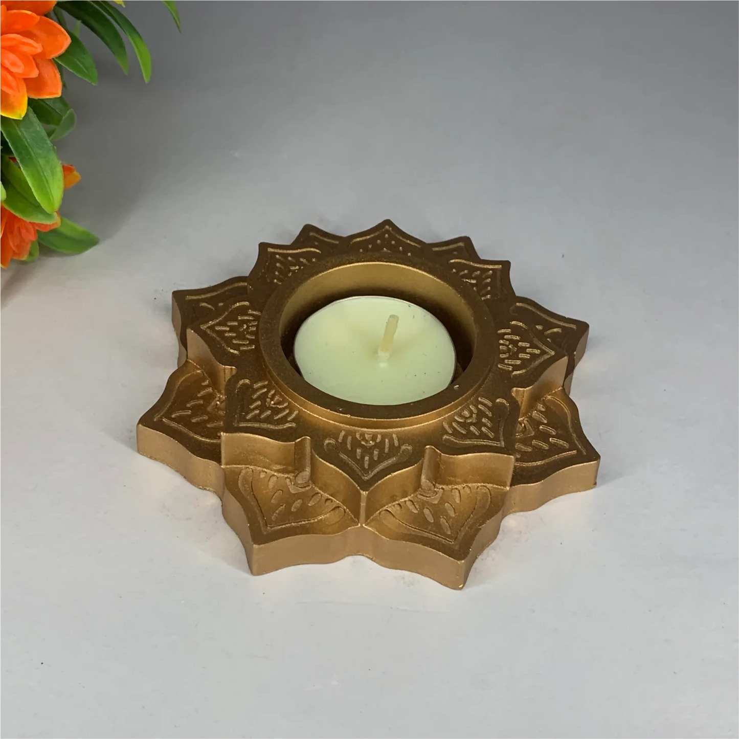 Handmade Lotus Diya Tealight Candle Holder (Gold) | Elegant Floral Diya for Pooja, Diwali & Home Decor