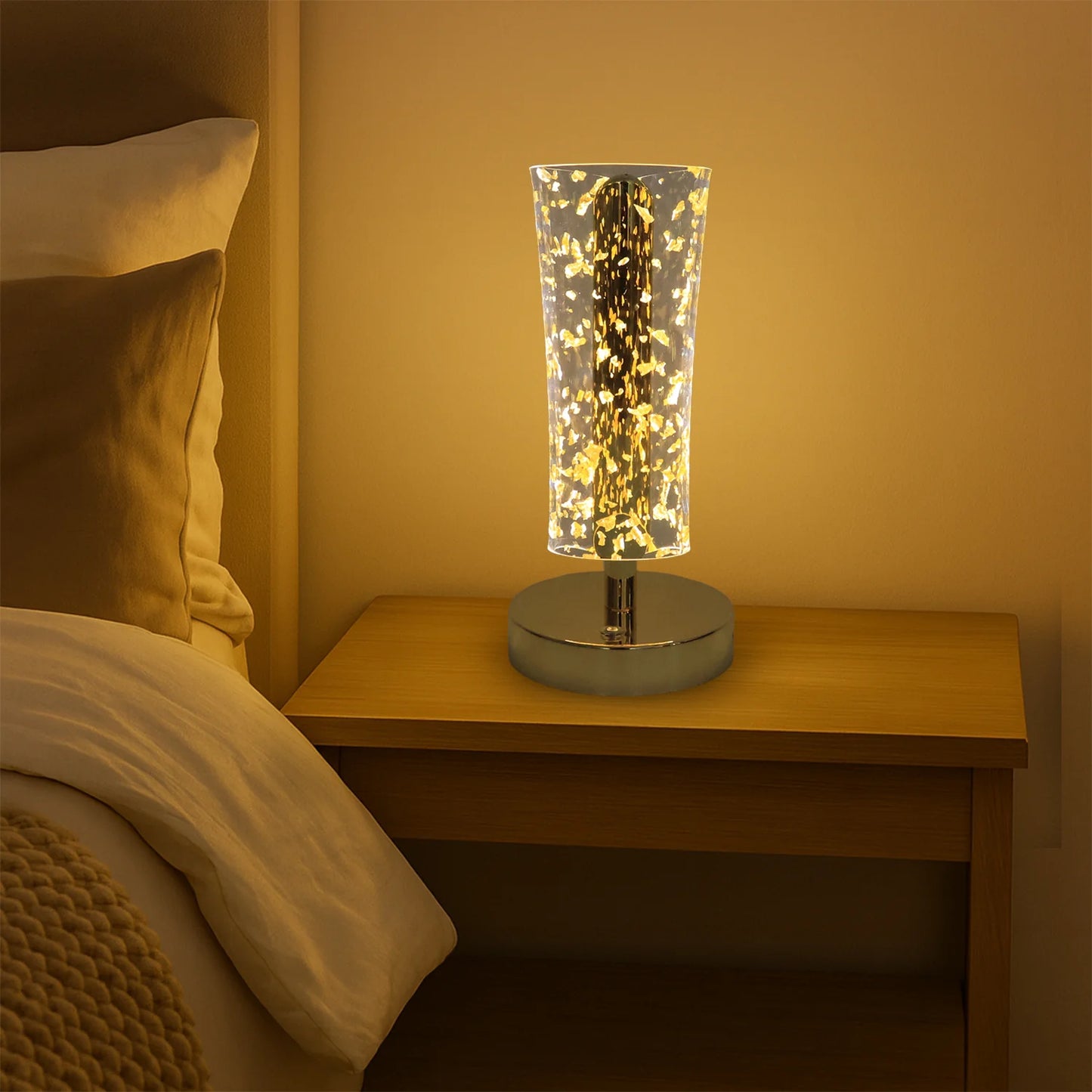 Luxury Golden Crystal LED Table Lamp | USB Rechargeable Cylindrical Light with Golden Flake Shade for Bedside & Premium Decor