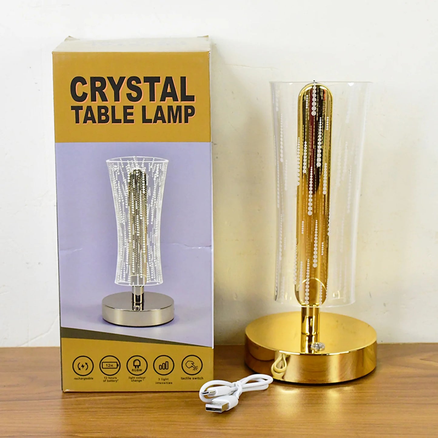 Luxury Crystal Table Lamp | USB Rechargeable Cylindrical LED Light with Golden Base for Bedside, Study & Premium Decor