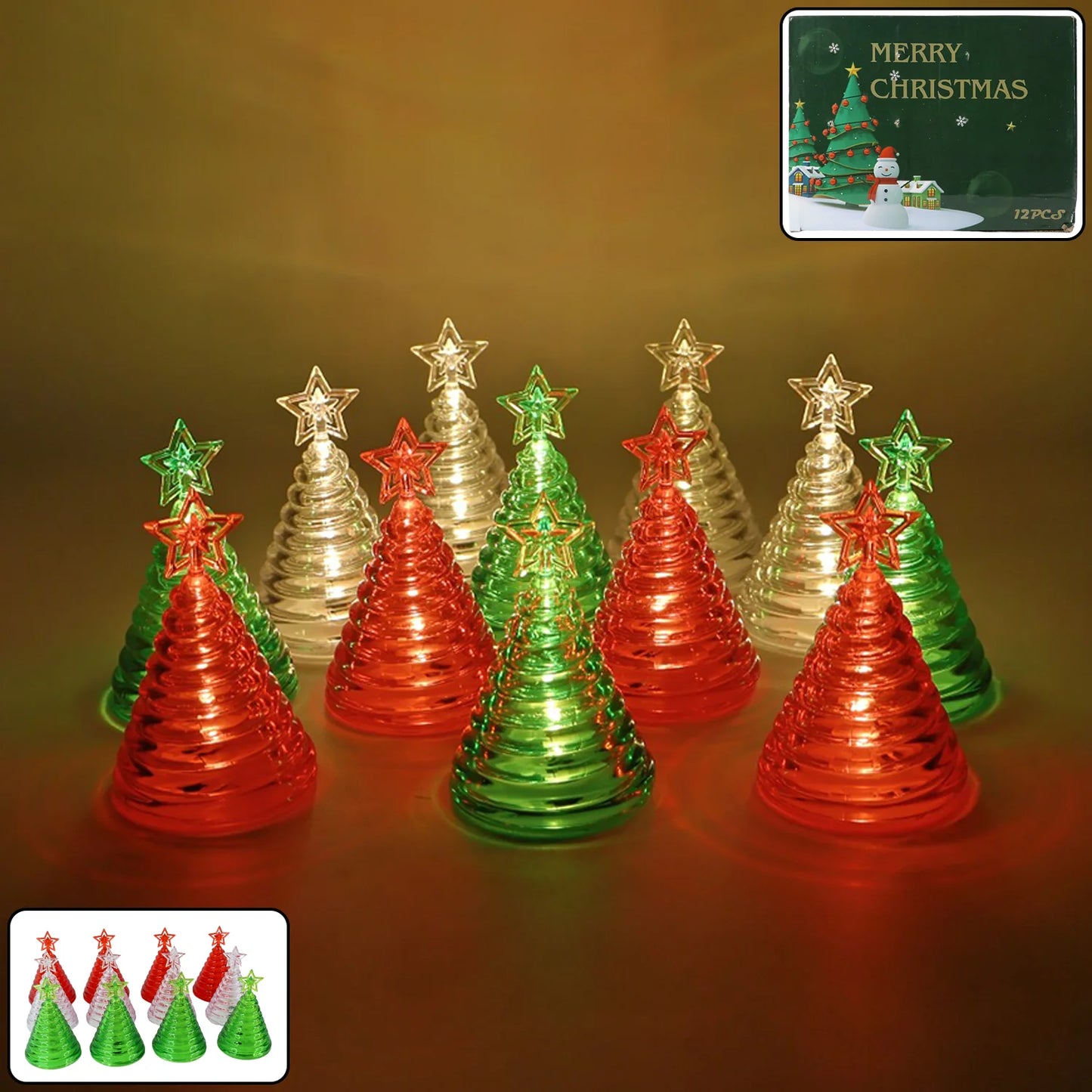 Set of 12 Christmas Tree LED Lights with Star Topper | Battery Operated Flameless Festive Decor