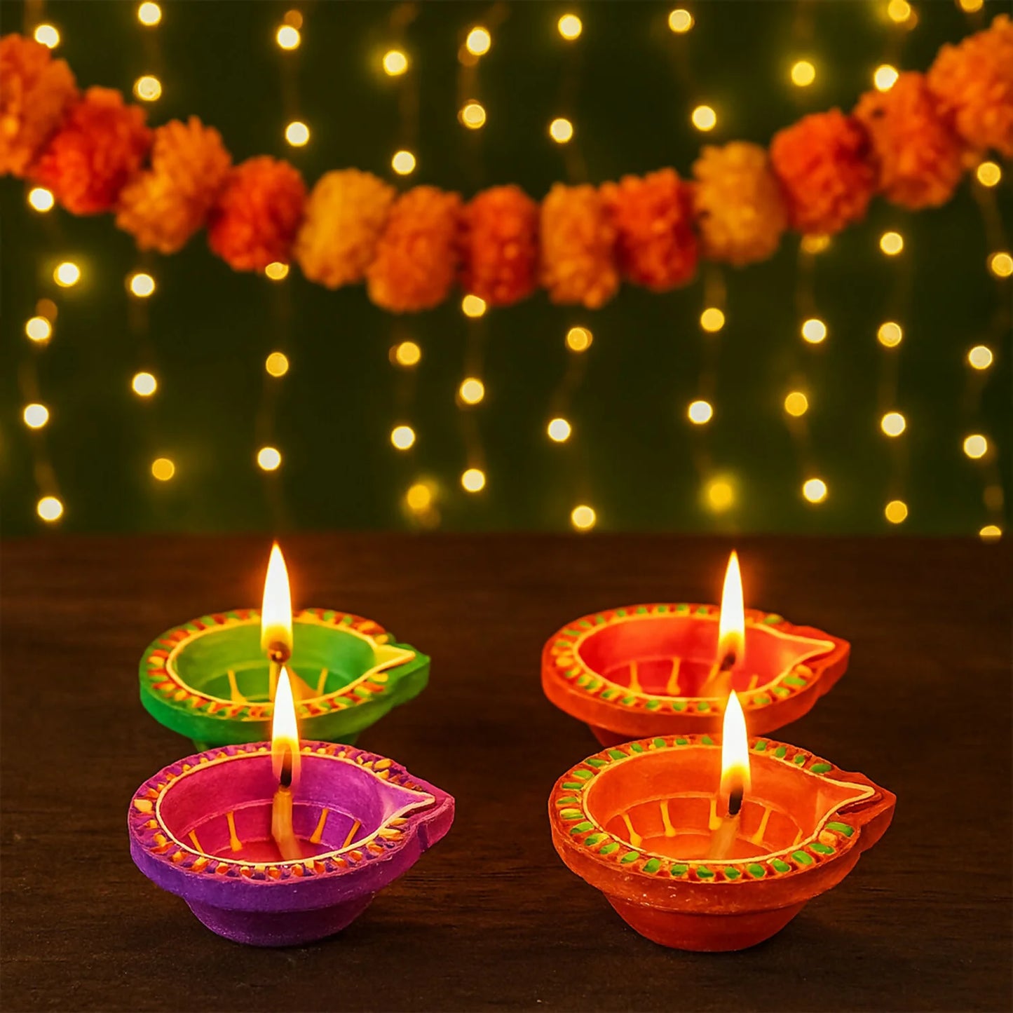 Handcrafted Clay Diya Set of 4 | Hand-Painted Flower Pattern | Eco-Friendly Festive Diya for Diwali & Pooja