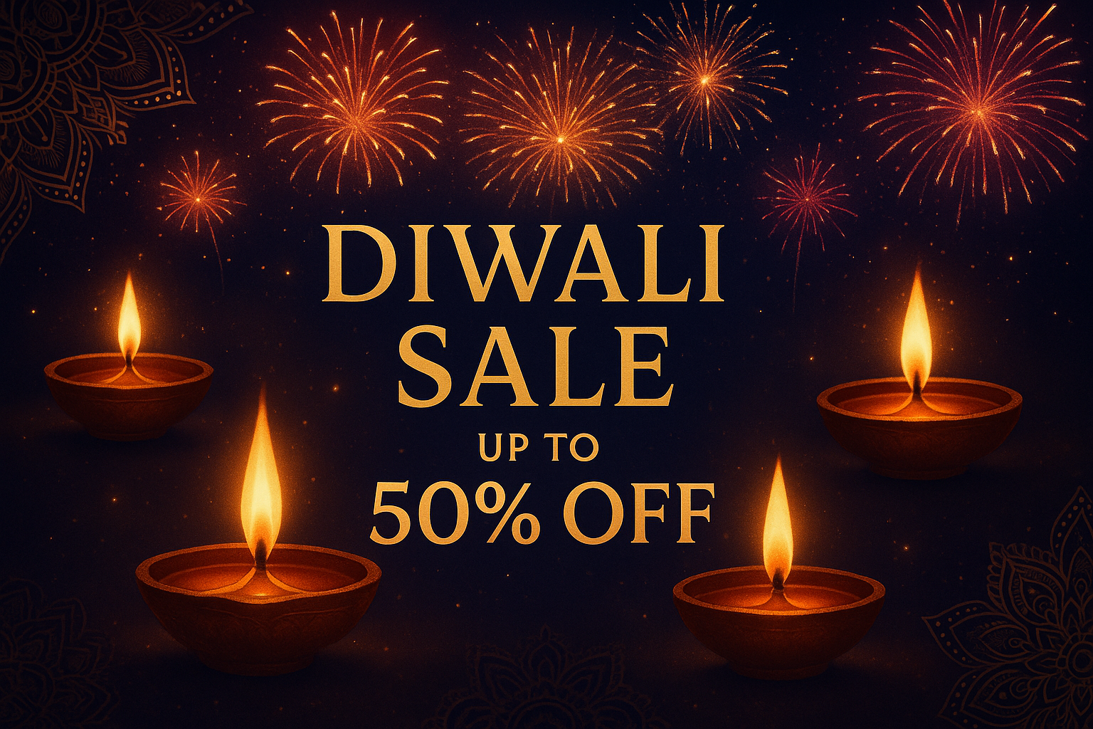 Generate an image with Diwali sale is like get up to 50% off good image, dark colours, Diaz and colour for firework images. Maybe some animation that image should also be fine.