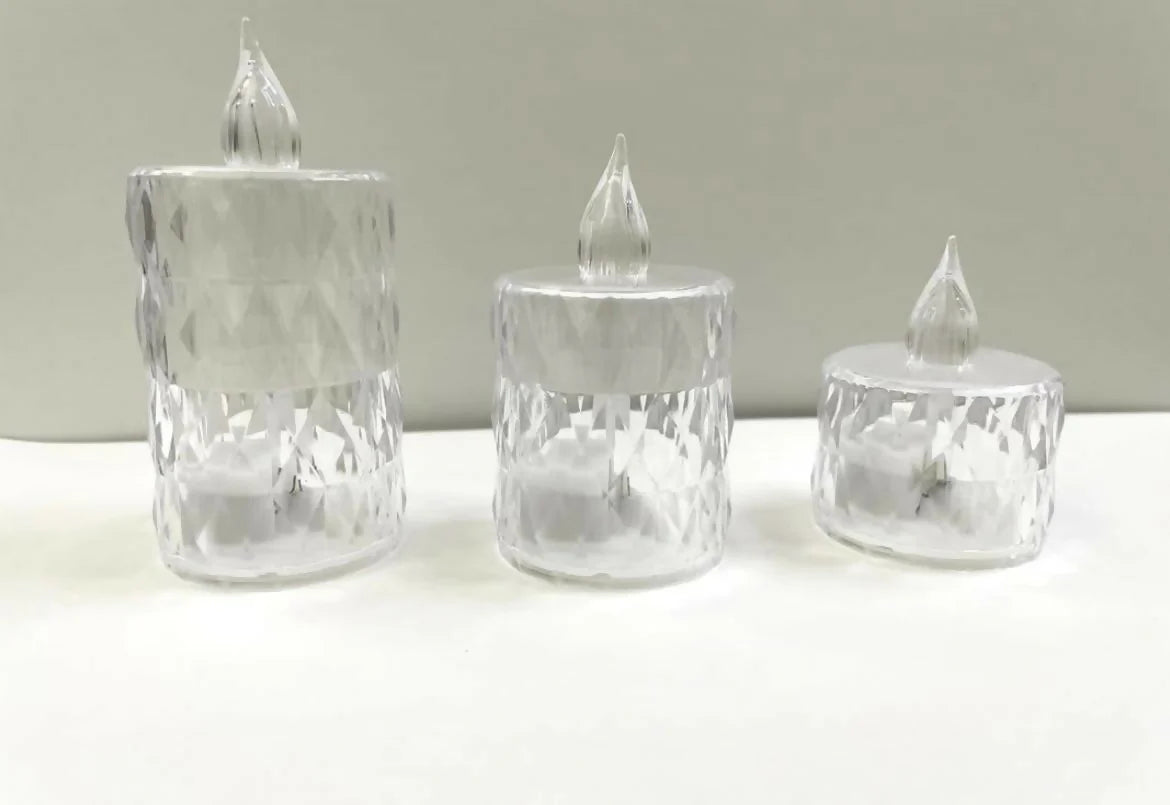 Crystal Glow Trio – LED Flameless Decorative Candles | Diamond-Cut Crystal Design | Warm Flickering Light for Diwali, Home Décor, Wedding & Festive Lighting