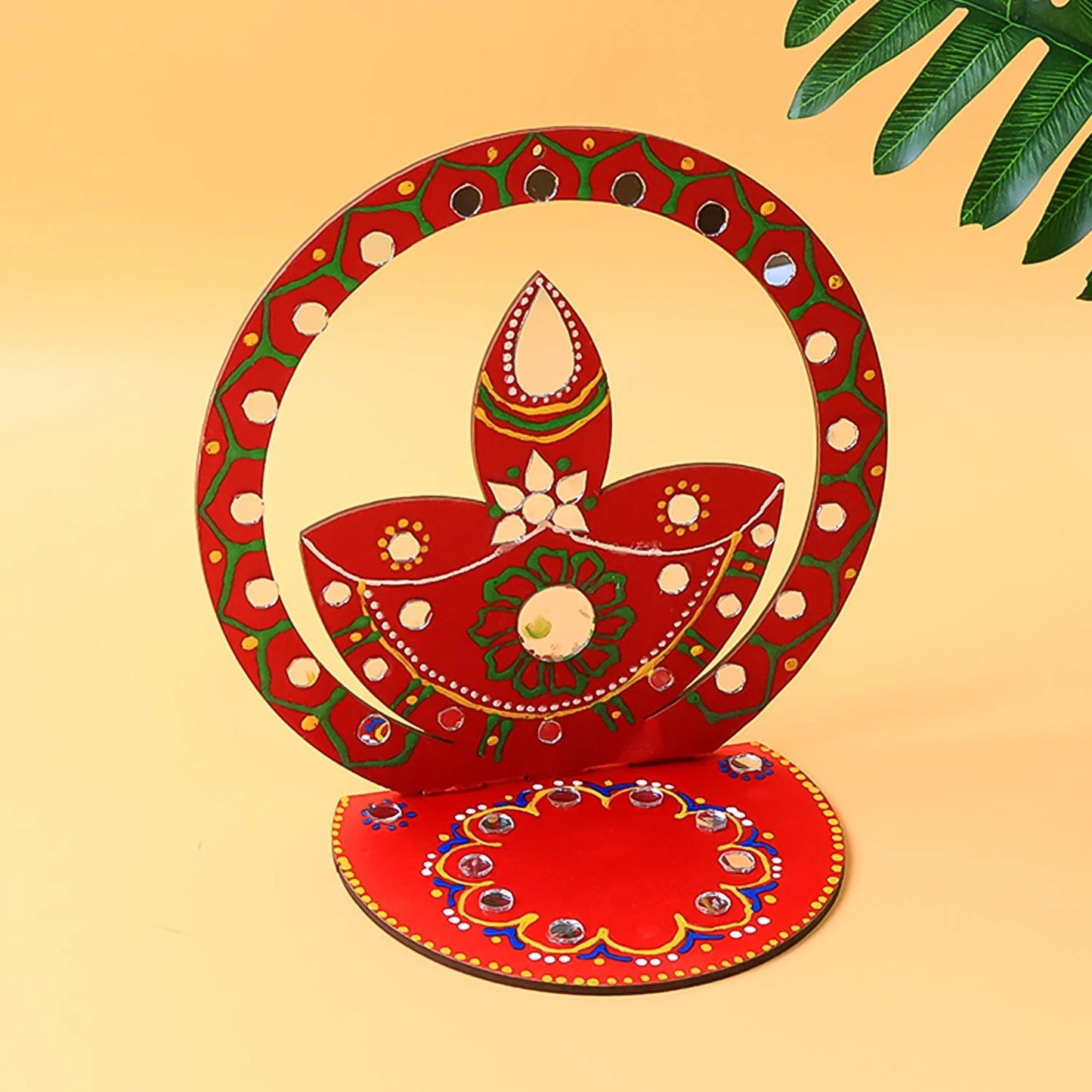 Handcrafted Wooden Diya Stand | Traditional Festive Tea Light Holder with Hand-Painted Art & Stone Embellishments