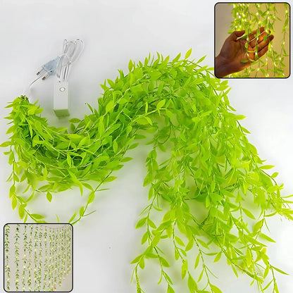 Energy-Saving Leaf Vine LED String Lights | Realistic Artificial Greenery Garland | Plug-in Warm White Fairy Lights for Garden, Balcony & Party Decor