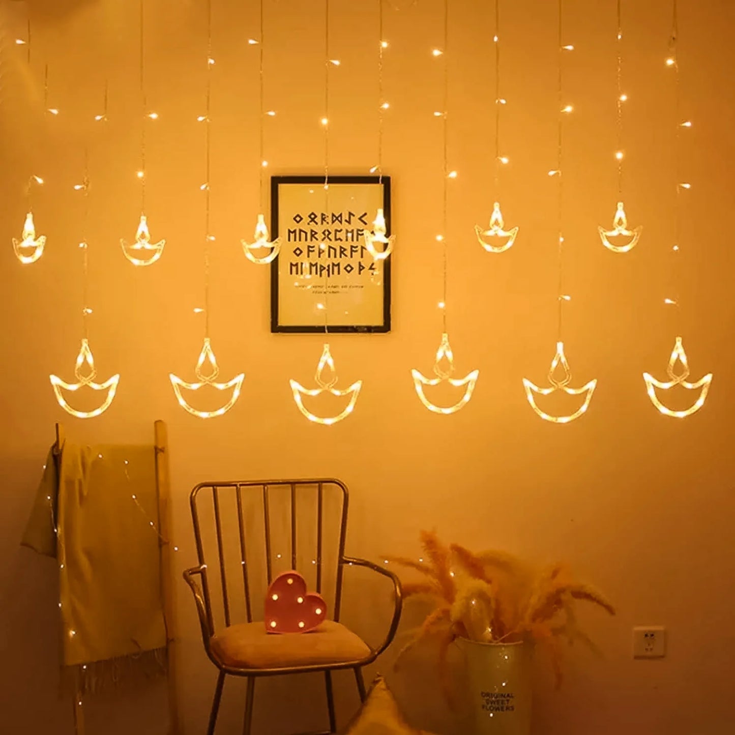 12 Diya Curtain String Lights | Window Decoration Lights for Diwali | 8 Flashing Modes (White)
