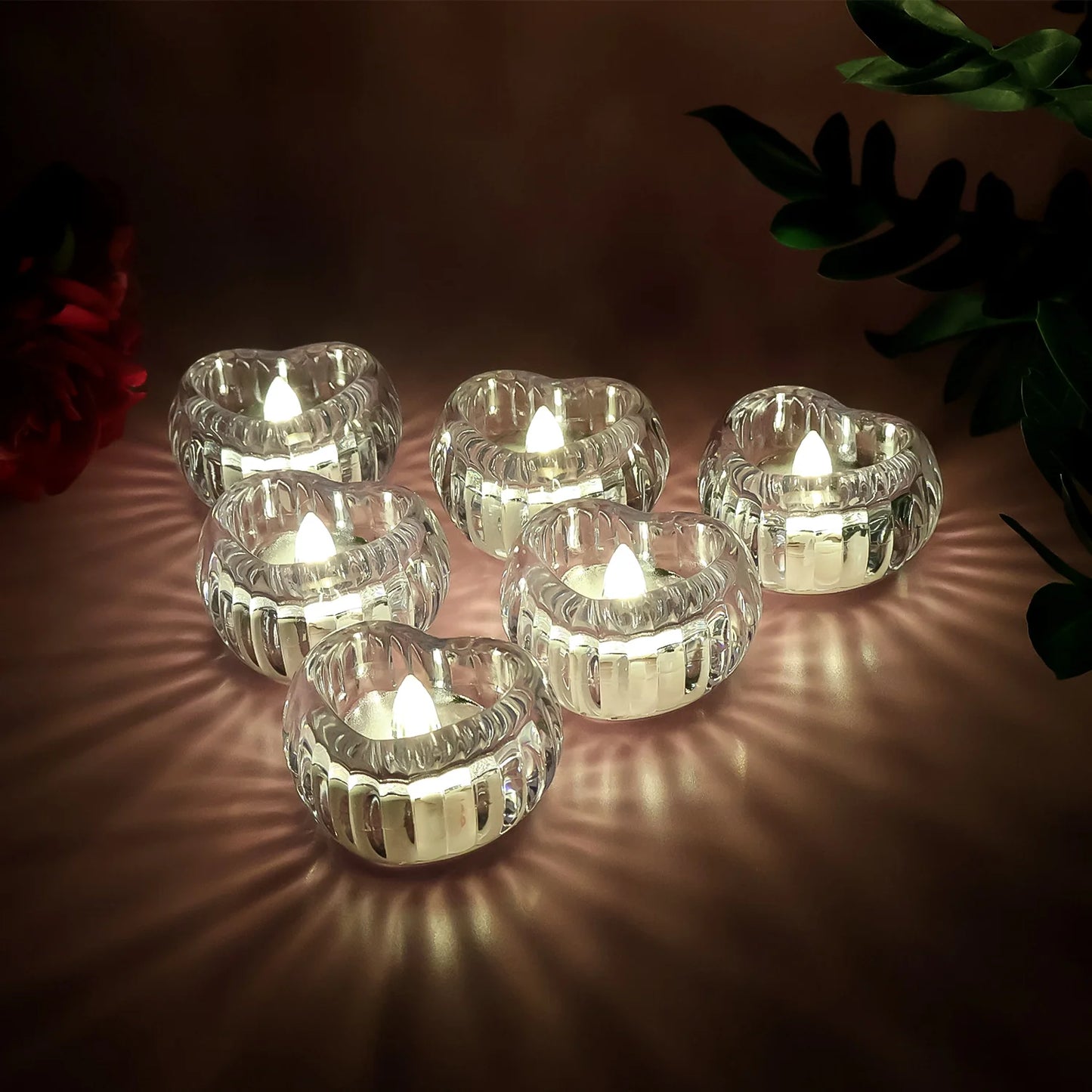 Set of 6 LED Crystal Tealights | Flameless Battery-Operated Warm Glow Candles for Festivals, Weddings & Home Decor