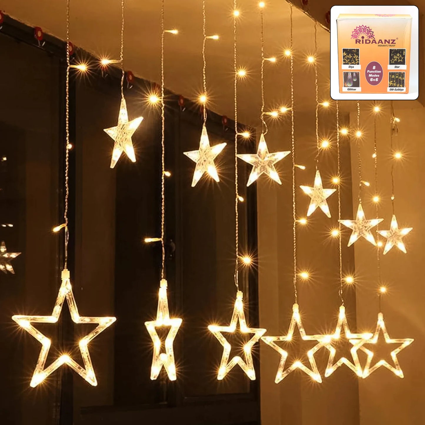 12 Star LED Curtain String Lights | 8 Mode Window Decoration for Diwali, Wedding & Christmas (Warm White)