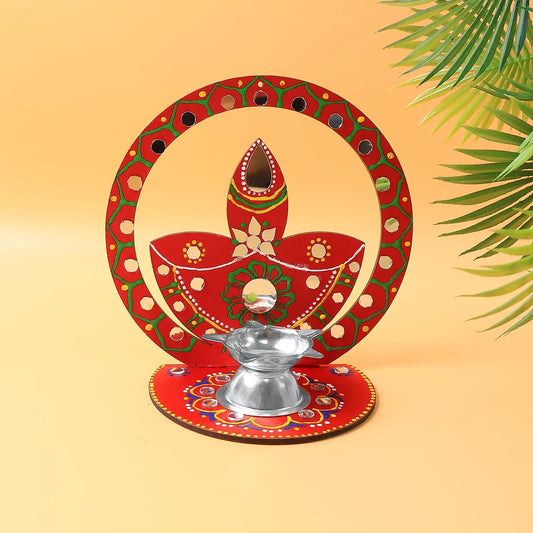 Handcrafted Wooden Diya Stand | Traditional Festive Tea Light Holder with Hand-Painted Art & Stone Embellishments