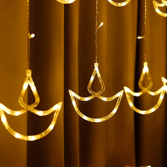 12 Diya Curtain String Lights | Window Decoration Lights for Diwali | 8 Flashing Modes (White)