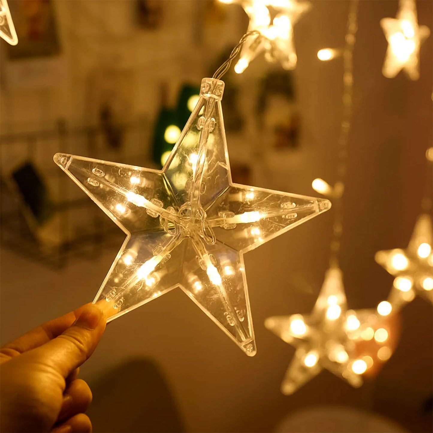 12 Star LED Curtain String Lights | 8 Mode Window Decoration for Diwali, Wedding & Christmas (Warm White)