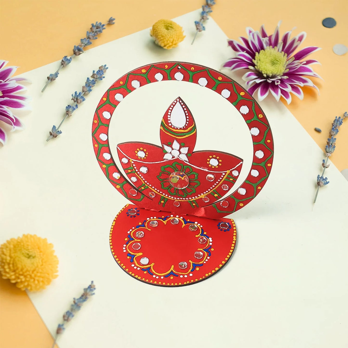 Handcrafted Wooden Diya Stand | Traditional Festive Tea Light Holder with Hand-Painted Art & Stone Embellishments