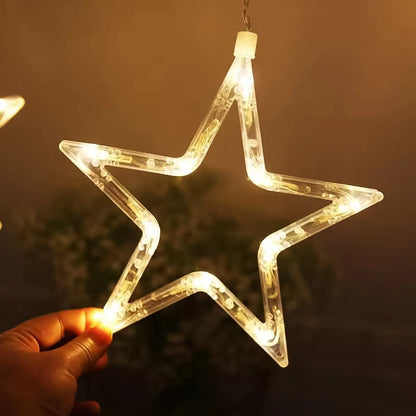 12 Star LED Curtain String Lights | 8 Mode Window Decoration for Diwali, Wedding & Christmas (Warm White)