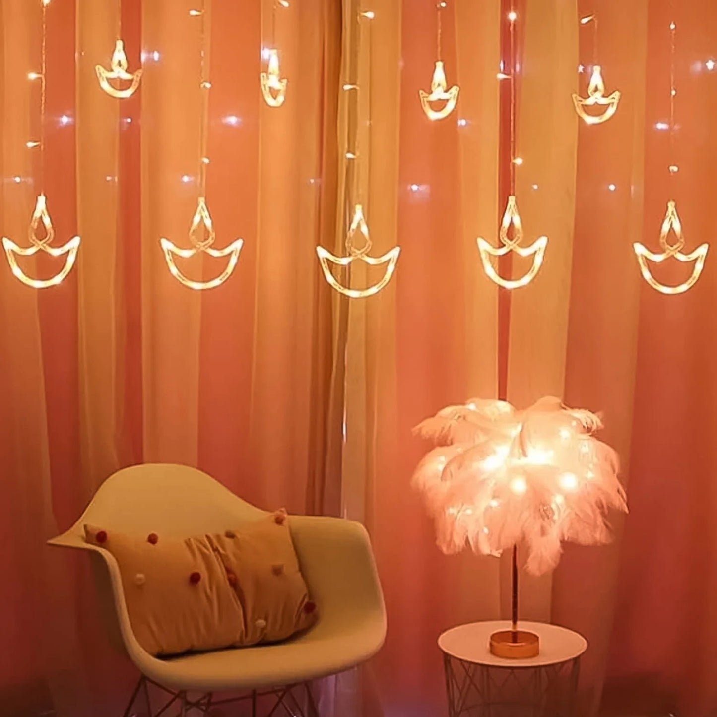 12 Diya Curtain String Lights | Window Decoration Lights for Diwali | 8 Flashing Modes (White)
