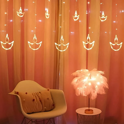 12 Diya Curtain String Lights | Window Decoration Lights for Diwali | 8 Flashing Modes (White)