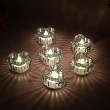 Set of 6 LED Crystal Tealights | Flameless Battery-Operated Warm Glow Candles for Festivals, Weddings & Home Decor