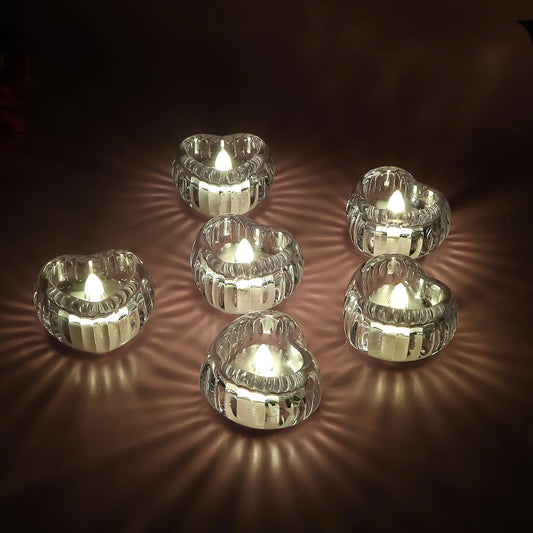 Set of 6 LED Crystal Tealights | Flameless Battery-Operated Warm Glow Candles for Festivals, Weddings & Home Decor
