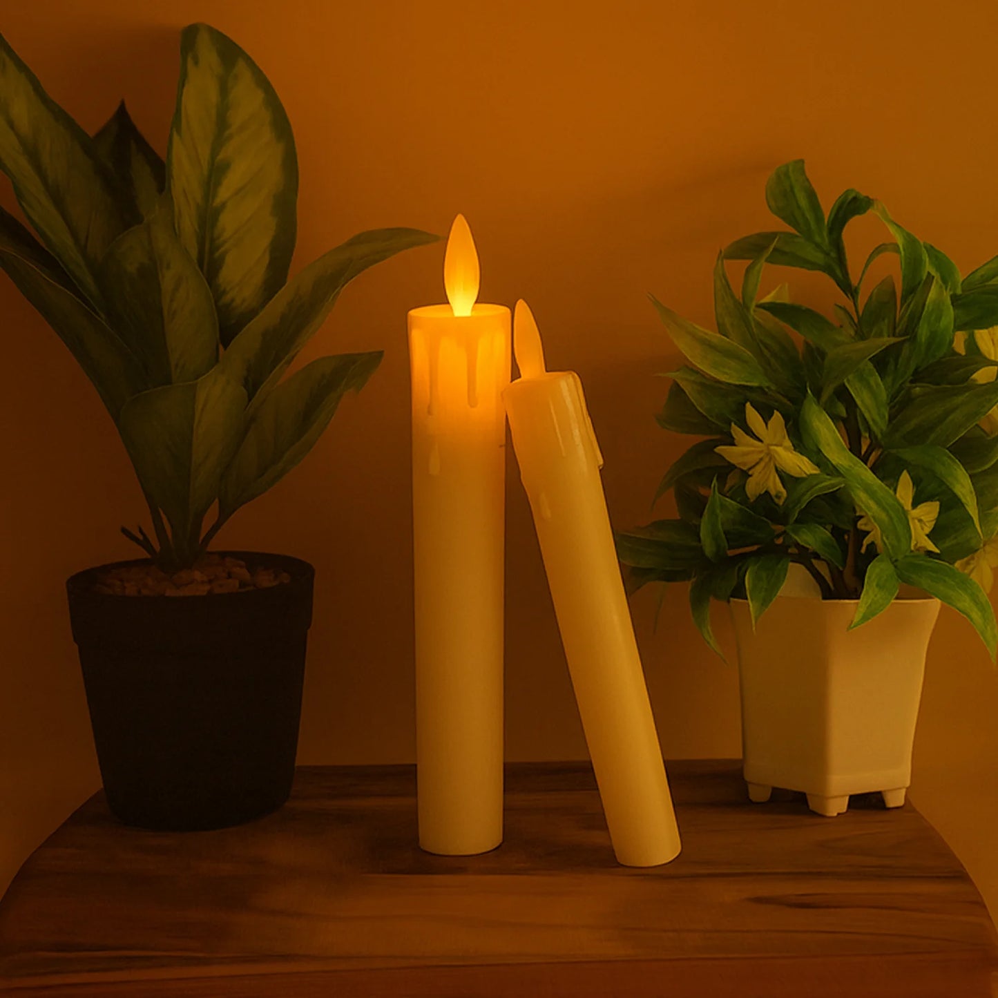 Set of 2 LED Flameless Taper Candles | Realistic Flickering Electronic Candle Lights for Home Décor, Pooja & Weddings