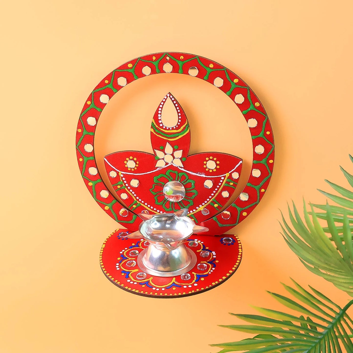 Handcrafted Wooden Diya Stand | Traditional Festive Tea Light Holder with Hand-Painted Art & Stone Embellishments