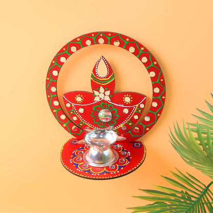 Handcrafted Wooden Diya Stand | Traditional Festive Tea Light Holder with Hand-Painted Art & Stone Embellishments