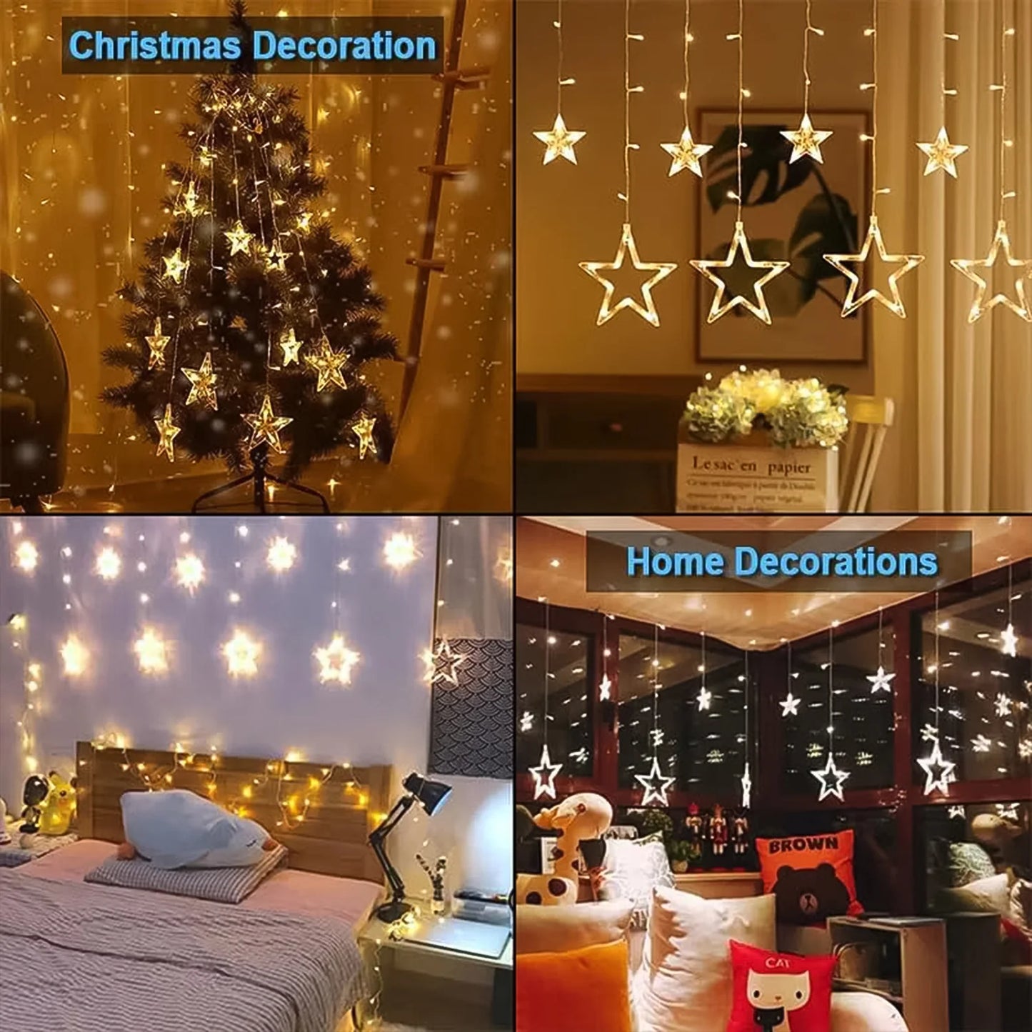 12 Star LED Curtain String Lights | 8 Mode Window Decoration for Diwali, Wedding & Christmas (Warm White)