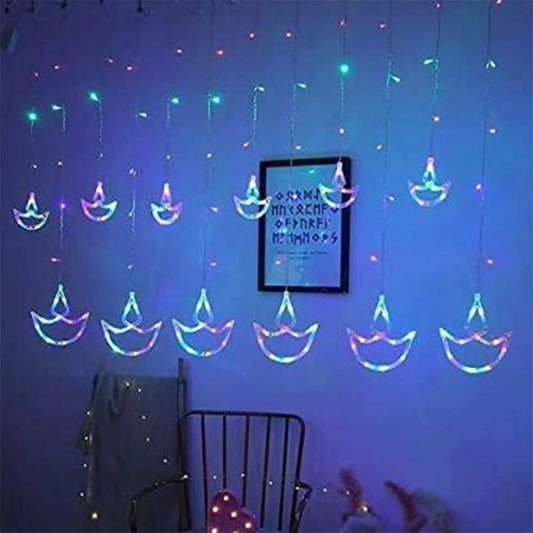 Multicolor LED Diya Curtain String Lights (12 Diyas) | 8 Modes Window/Wall Decoration for Diwali, Wedding & Festivals