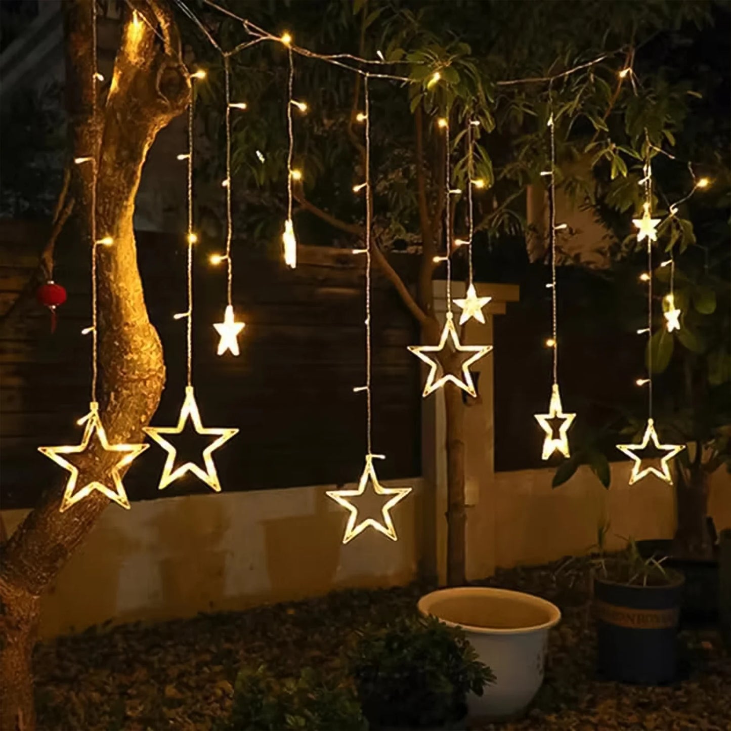 12 Star LED Curtain String Lights | 8 Mode Window Decoration for Diwali, Wedding & Christmas (Warm White)