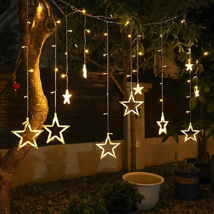 12 Star LED Curtain String Lights | 8 Mode Window Decoration for Diwali, Wedding & Christmas (Warm White)