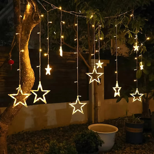 12 Star LED Curtain String Lights | 8 Mode Window Decoration for Diwali, Wedding & Christmas (Warm White)