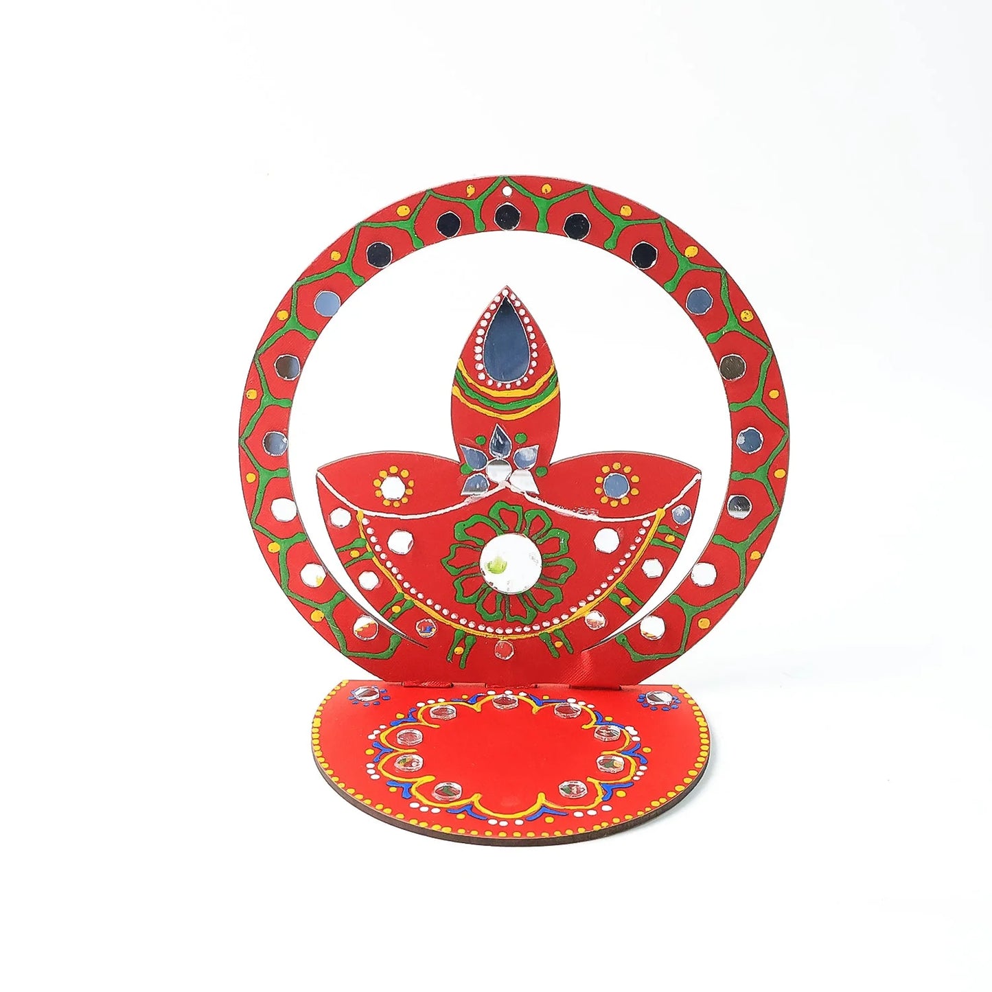 Handcrafted Wooden Diya Stand | Traditional Festive Tea Light Holder with Hand-Painted Art & Stone Embellishments