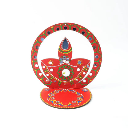 Handcrafted Wooden Diya Stand | Traditional Festive Tea Light Holder with Hand-Painted Art & Stone Embellishments