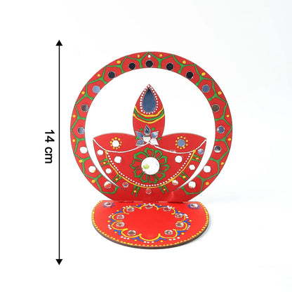 Handcrafted Wooden Diya Stand | Traditional Festive Tea Light Holder with Hand-Painted Art & Stone Embellishments