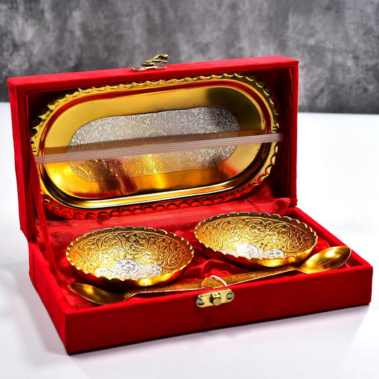 Elegant Gold Silver Plated 2 Bowl 2 Spoon & Tray Set | Brass Dry Fruit/Dessert Serving Set in Red Velvet Gift Box