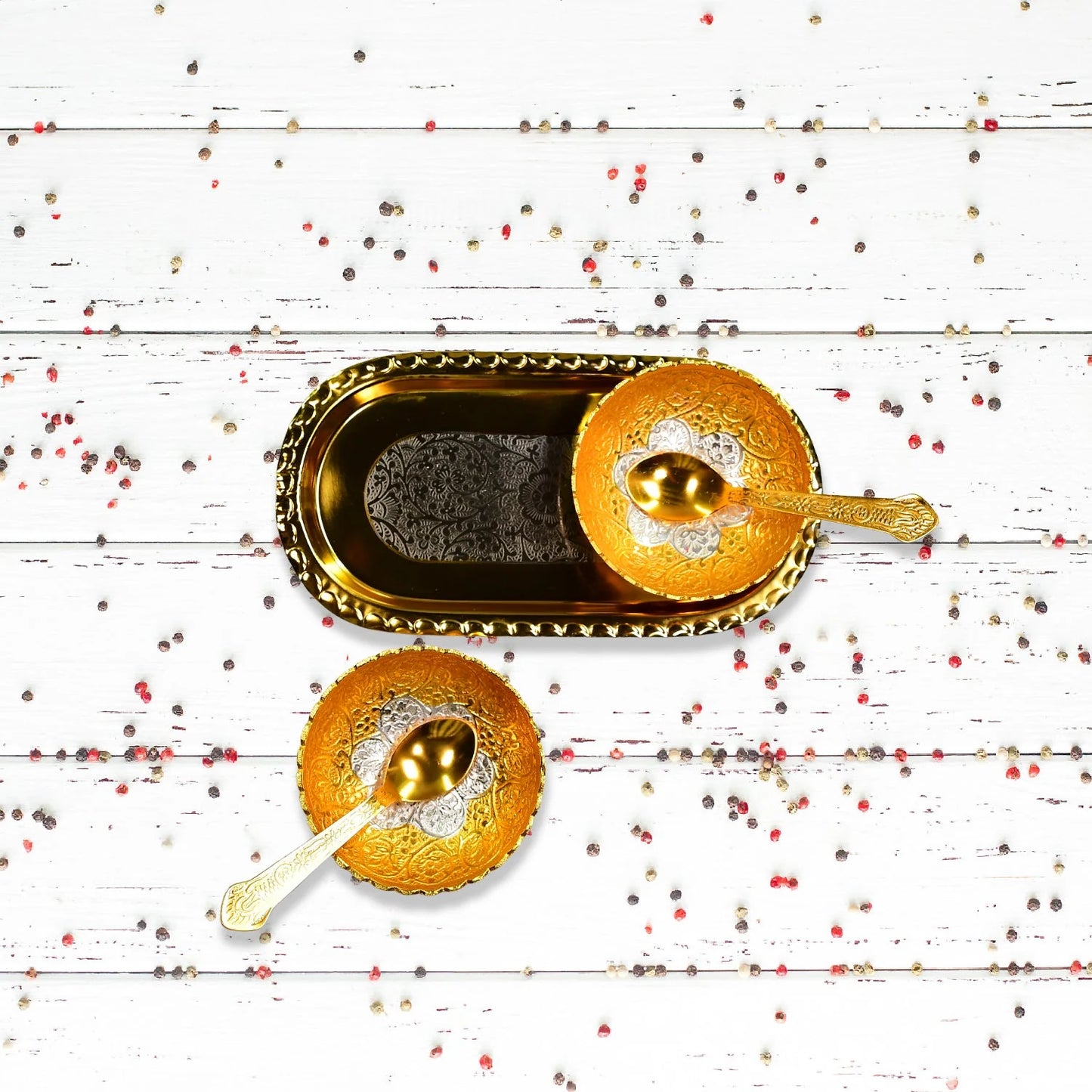 Elegant Gold Silver Plated 2 Bowl 2 Spoon & Tray Set | Brass Dry Fruit/Dessert Serving Set in Red Velvet Gift Box
