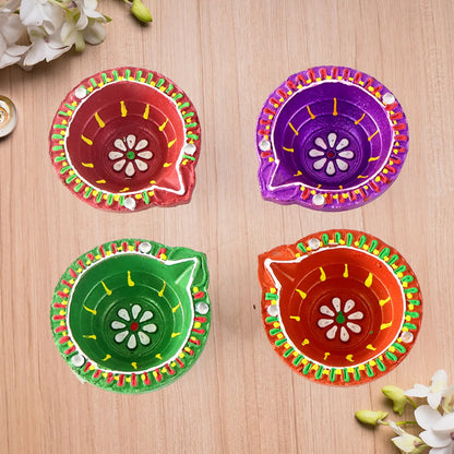 Handcrafted Clay Diya Set of 4 | Hand-Painted Flower Pattern | Eco-Friendly Festive Diya for Diwali & Pooja