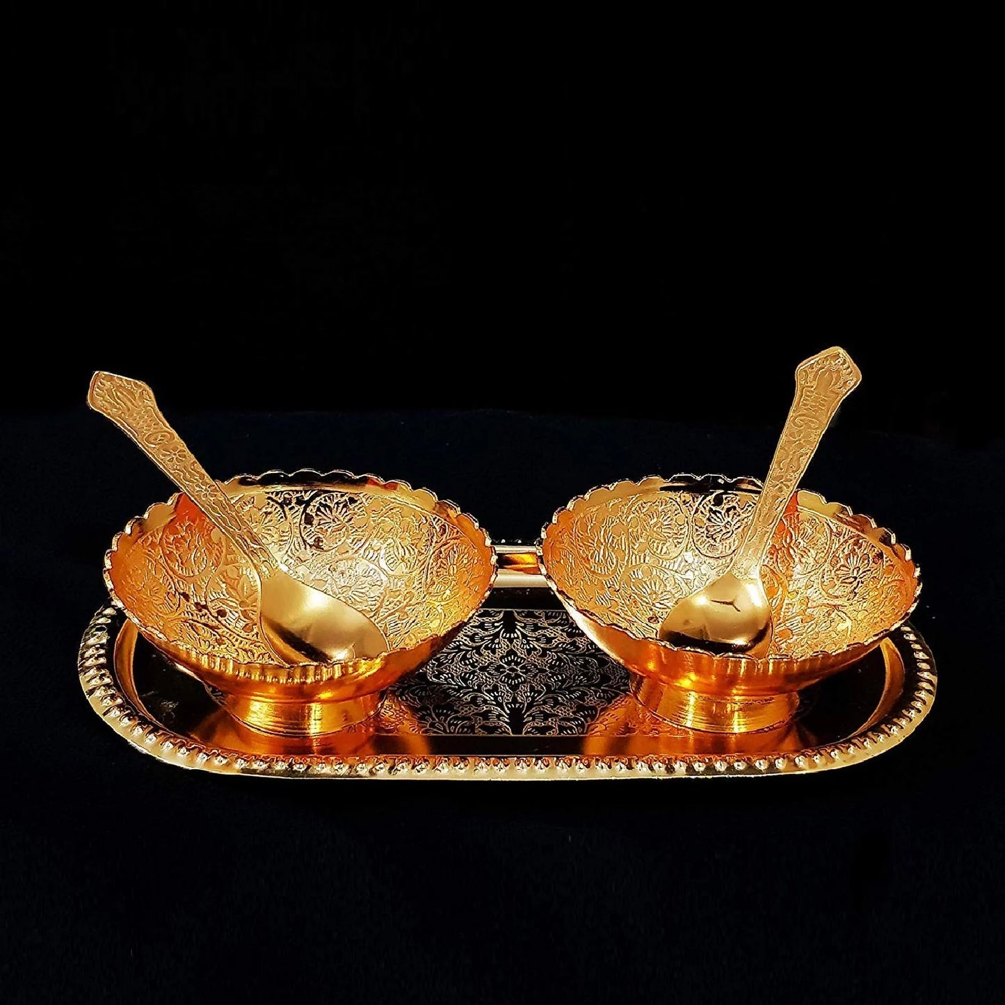 Elegant Gold Silver Plated 2 Bowl 2 Spoon & Tray Set | Brass Dry Fruit/Dessert Serving Set in Red Velvet Gift Box