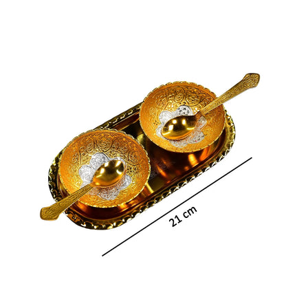 Elegant Gold Silver Plated 2 Bowl 2 Spoon & Tray Set | Brass Dry Fruit/Dessert Serving Set in Red Velvet Gift Box