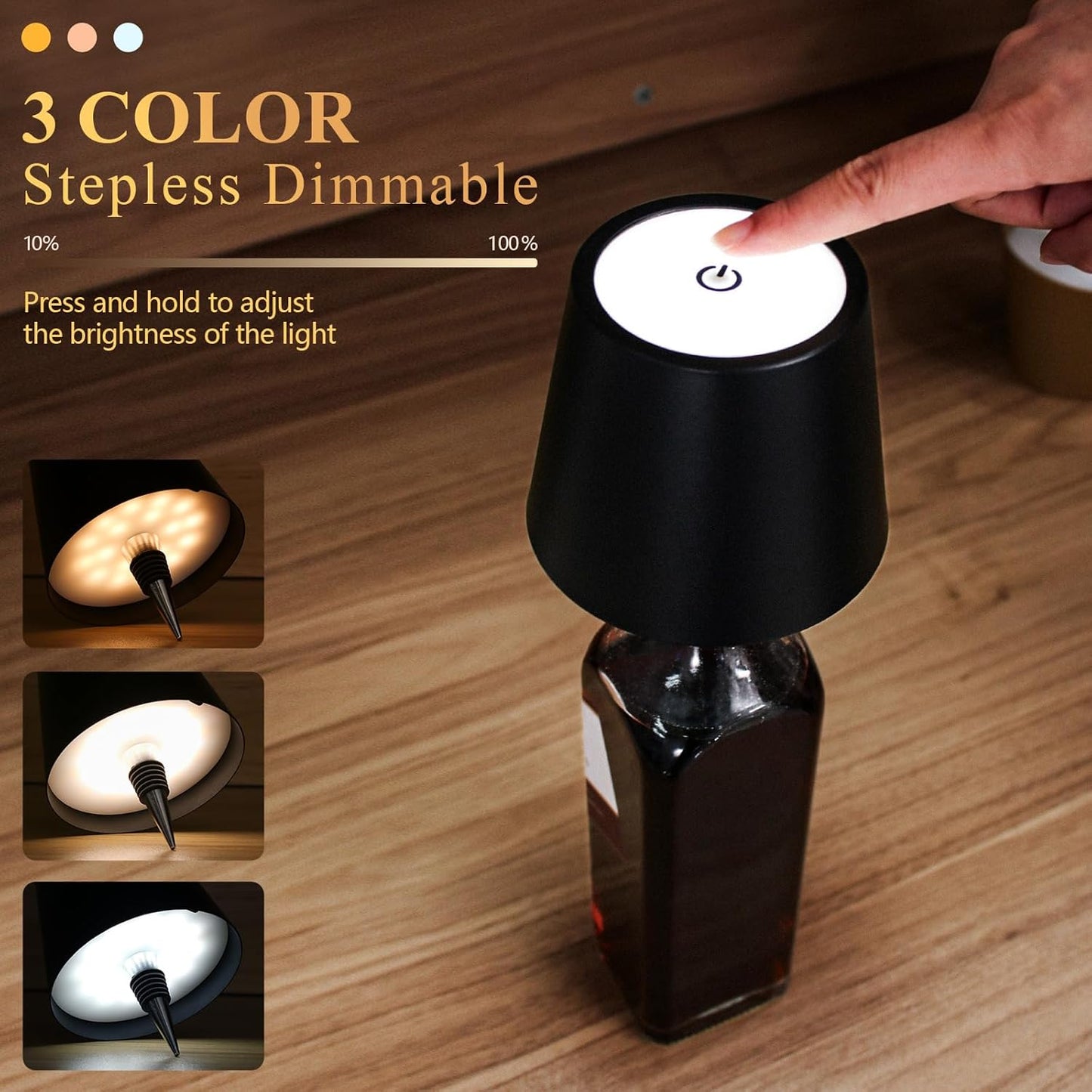 Wireless Bottle Lamp - 3-Color Rechargeable LED Light