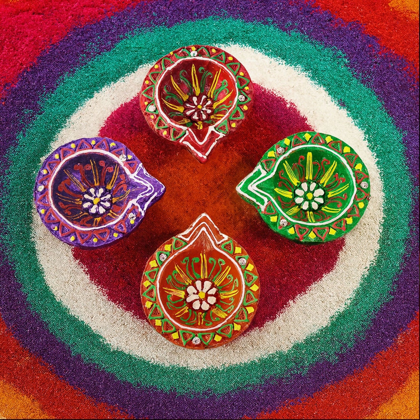 Handcrafted Clay Diya Set of 4 | Hand-Painted Flower Pattern | Eco-Friendly Festive Diya for Diwali & Pooja