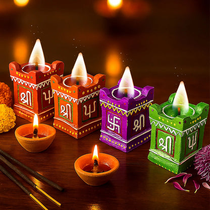 Handcrafted Tulsi Kiyaro Diya Set of 4 | Vibrant Hand-Painted Diya with Swastik & Shree Symbols for Pooja & Diwali