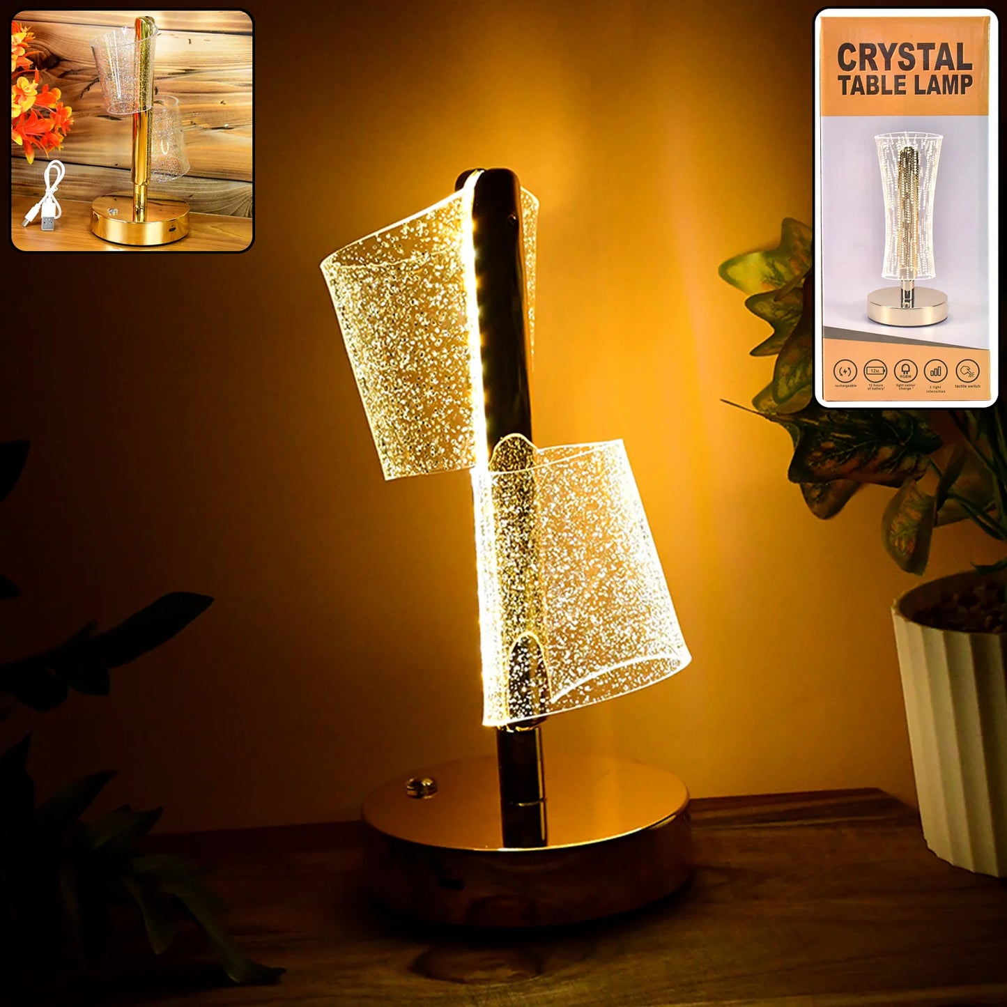 Modern Luxury Crystal LED Double Shade Table Lamp | Golden Base Decorative Lighting for Bedroom, Living Room & Festive Gifting