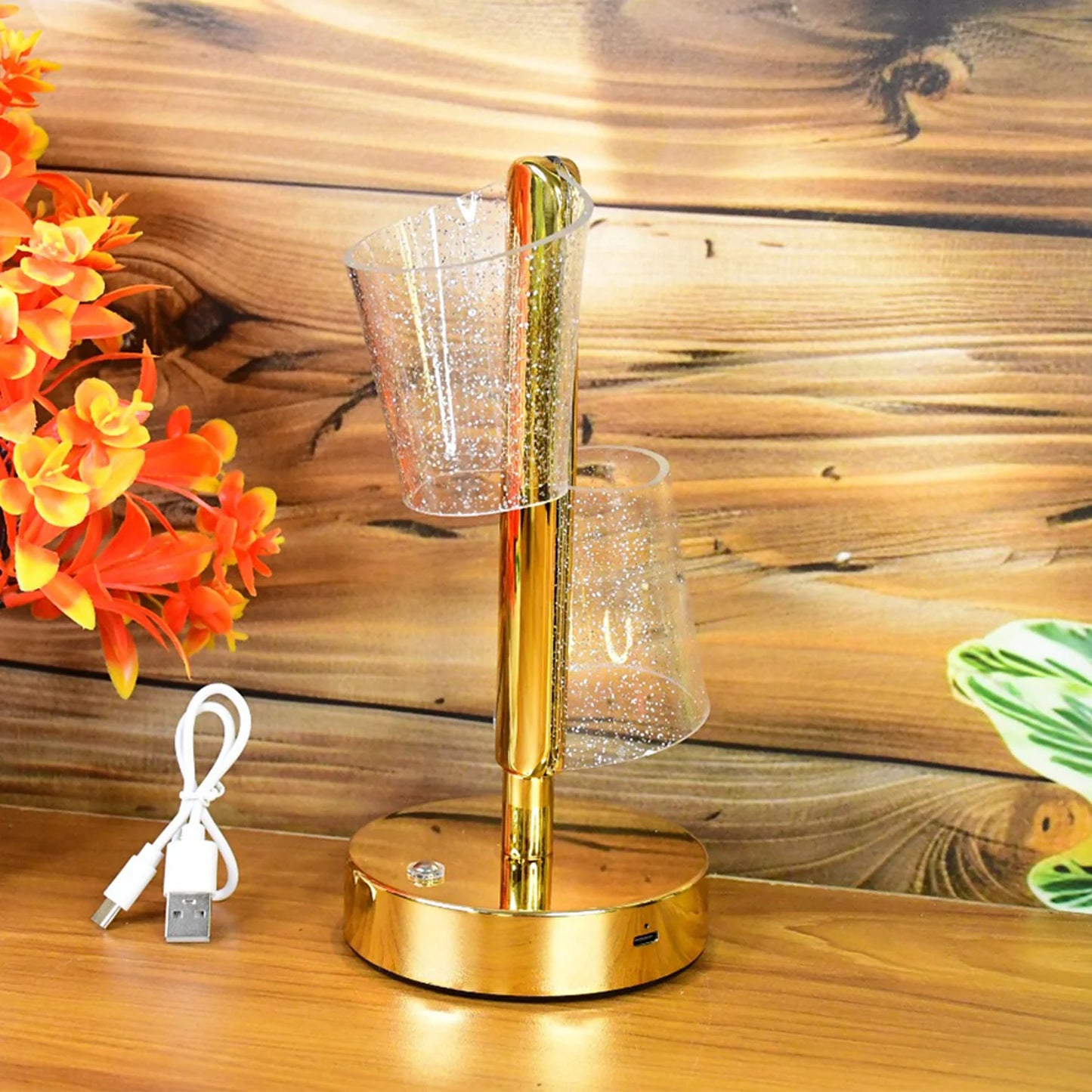 Modern Luxury Crystal LED Double Shade Table Lamp | Golden Base Decorative Lighting for Bedroom, Living Room & Festive Gifting