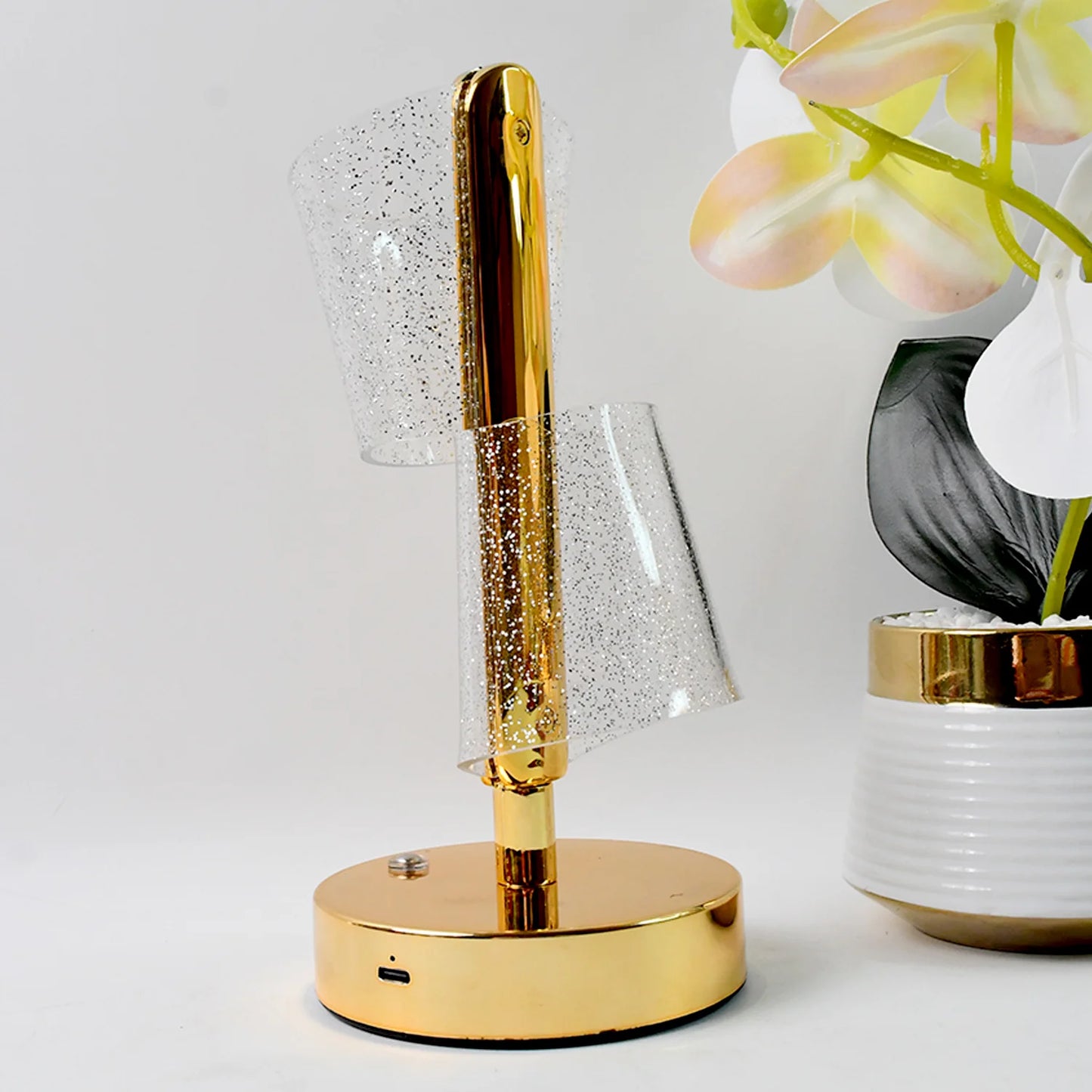Modern Luxury Crystal LED Double Shade Table Lamp | Golden Base Decorative Lighting for Bedroom, Living Room & Festive Gifting