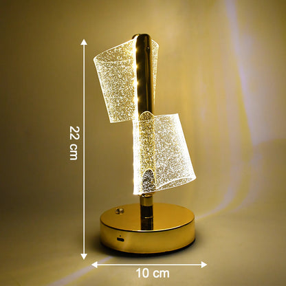 Modern Luxury Crystal LED Double Shade Table Lamp | Golden Base Decorative Lighting for Bedroom, Living Room & Festive Gifting