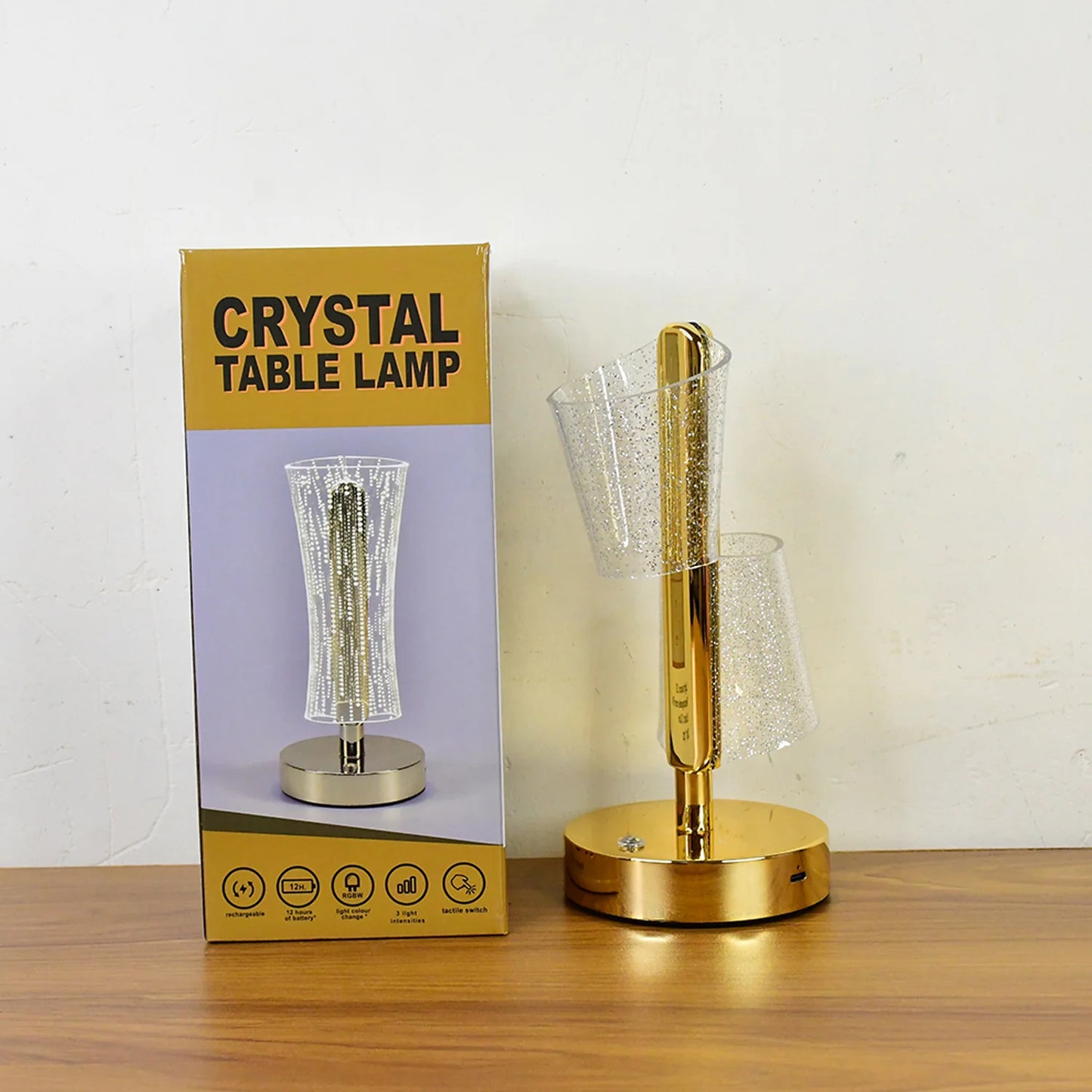 Modern Luxury Crystal LED Double Shade Table Lamp | Golden Base Decorative Lighting for Bedroom, Living Room & Festive Gifting