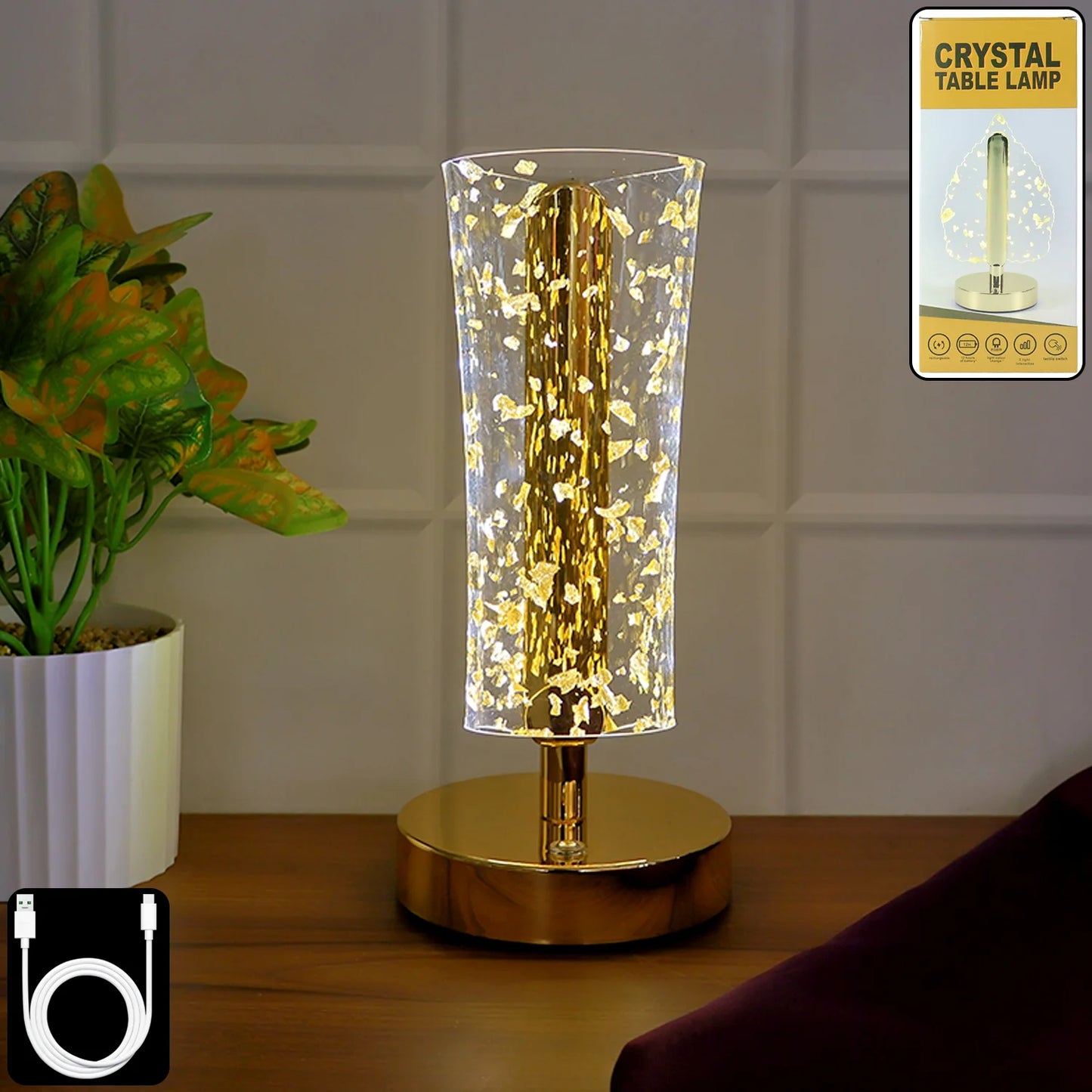Luxury Golden Crystal LED Table Lamp | USB Rechargeable Cylindrical Light with Golden Flake Shade for Bedside & Premium Decor