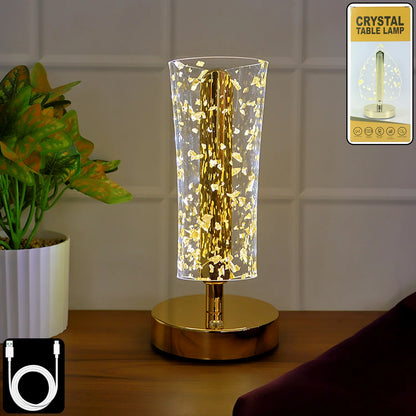 Luxury Golden Crystal LED Table Lamp | USB Rechargeable Cylindrical Light with Golden Flake Shade for Bedside & Premium Decor
