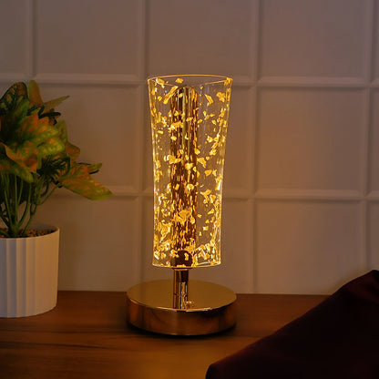 Luxury Golden Crystal LED Table Lamp | USB Rechargeable Cylindrical Light with Golden Flake Shade for Bedside & Premium Decor