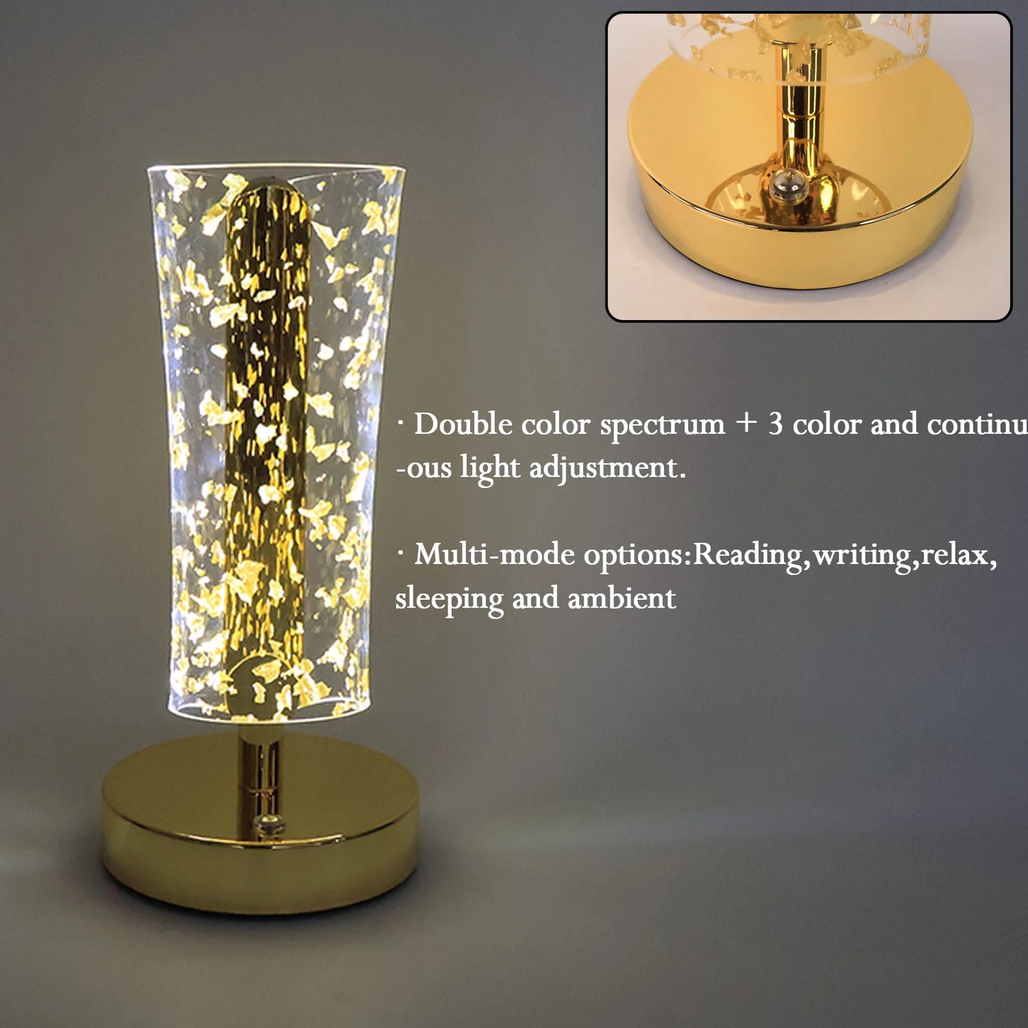 Luxury Golden Crystal LED Table Lamp | USB Rechargeable Cylindrical Light with Golden Flake Shade for Bedside & Premium Decor
